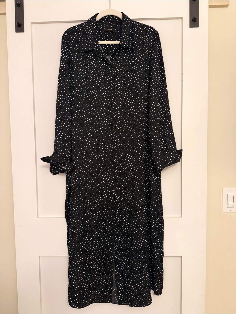 Quince Black Maxi Button Shirt Dress with White Polka Dots